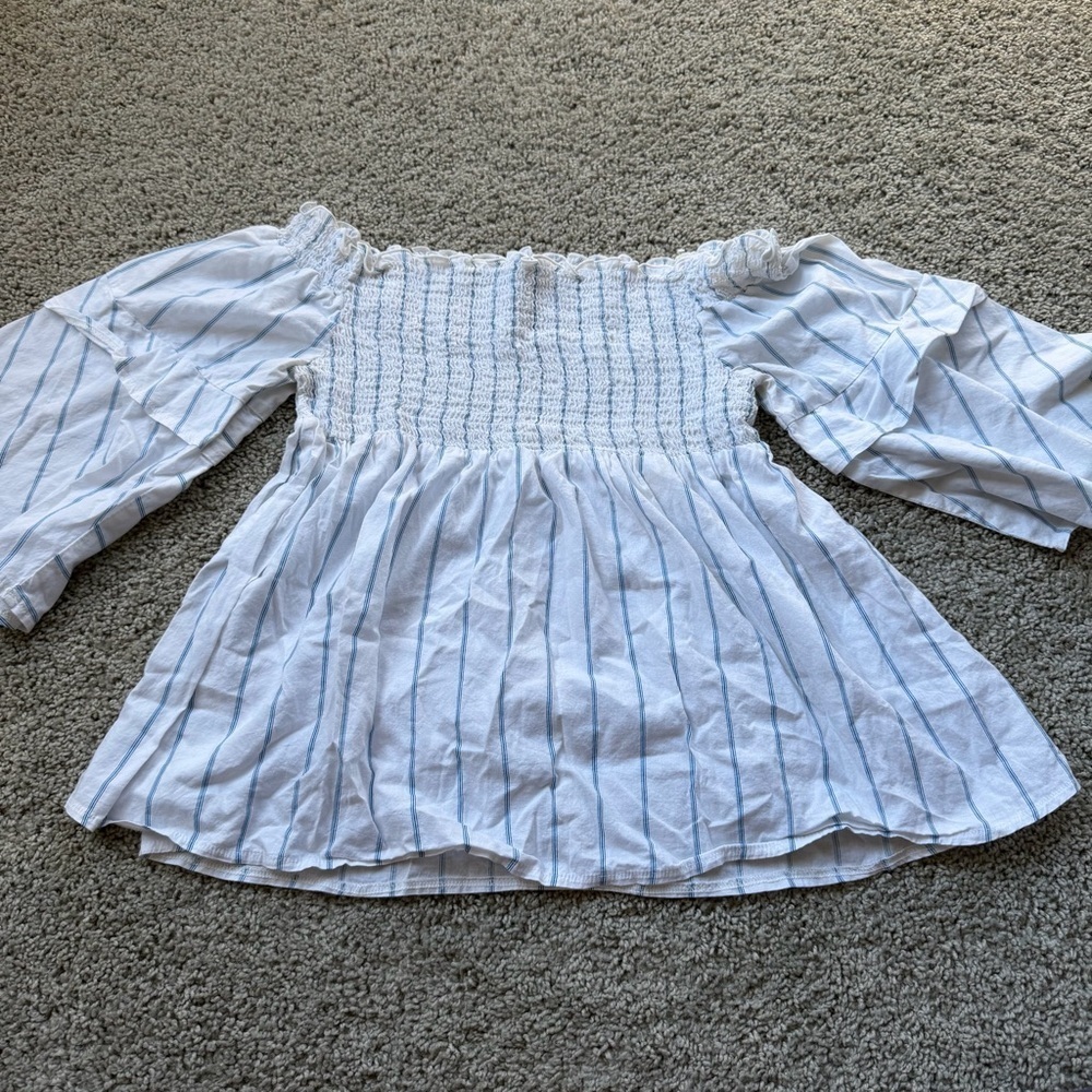 Shinestar Off The Shoulder White Blouse With Blue Stripes Size Large